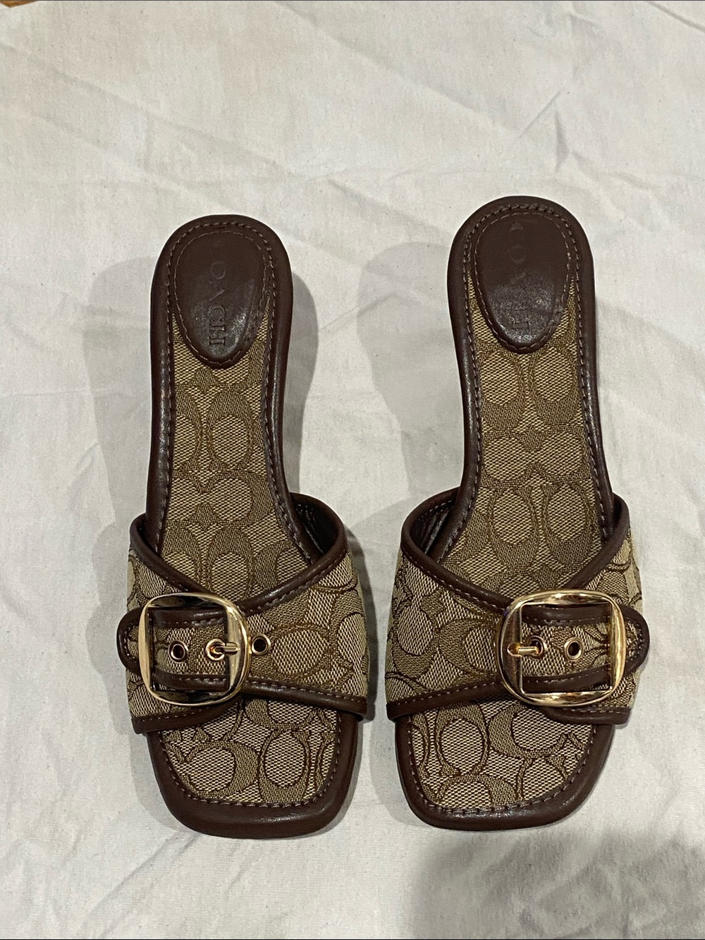 Coach Brown Signature Canvas Slide Mules with Gold Buckle